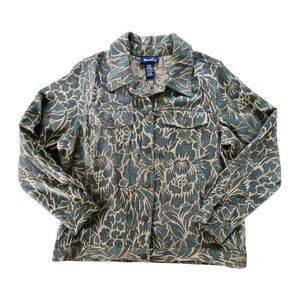 Denim & Co Olive Green Floral Print Tapestry Trucker Jacket Size L Boho Pockets
